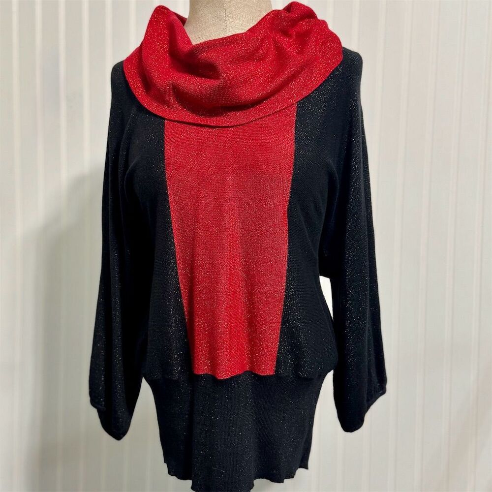 Style & Co Petite Sweater PL‎ L Red Black Color Block Metallic Cowl Neck Holiday
